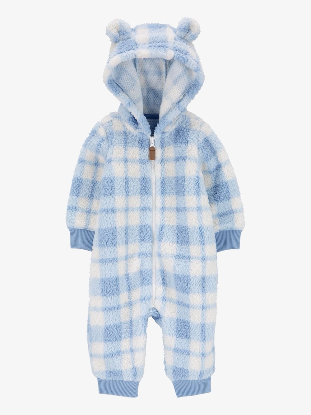 Carter's Blue and White Plaid Hooded Fleece One-Piece